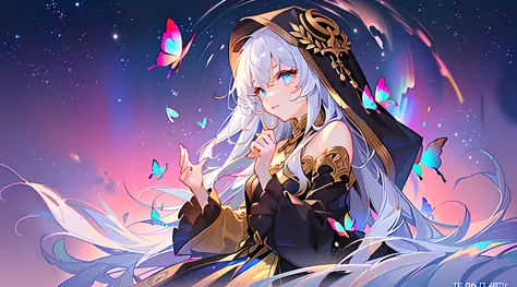 agirl，（Gold-patterned hood，There are colorful flowers on the cap，Messy and flowing hair，length hair，whitehair，Blue eyes，glass pu...