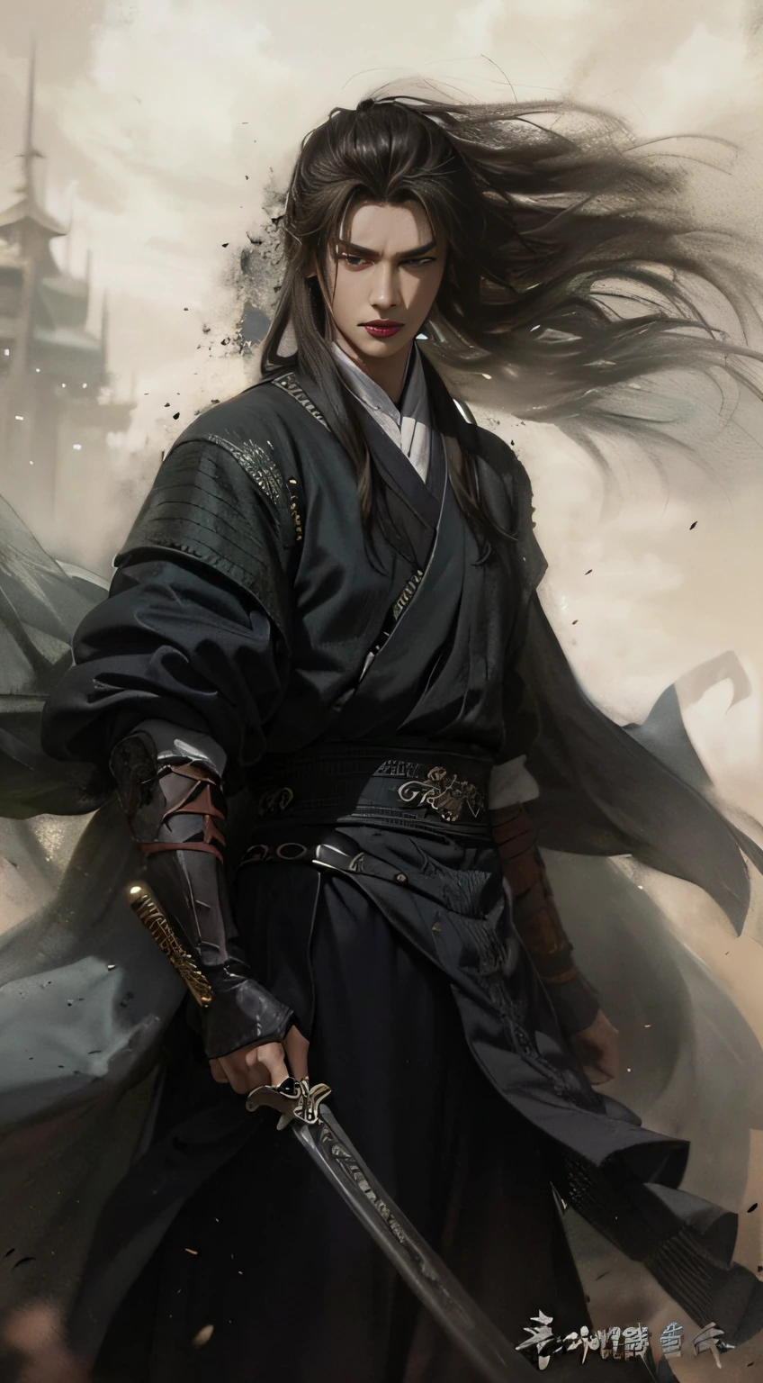 一個戰士，頭髮長度，Hanfu，長袍，劍，帥氣的臉型，兇猛又邪惡，眼神充滿殺氣，極為逼真：1.2