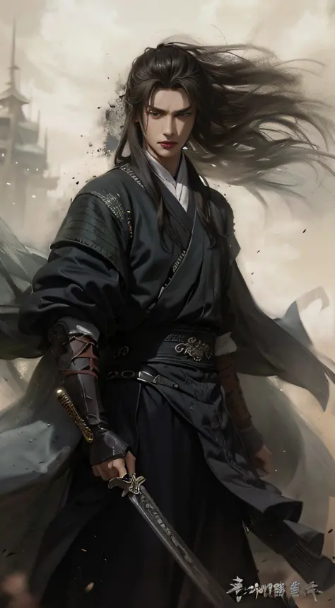 A warrior，length hair，Hanfu，Robe，Sword，Handsome face shape，Fierce and evil，The eyes are murderous，extremely lifelike：1.2