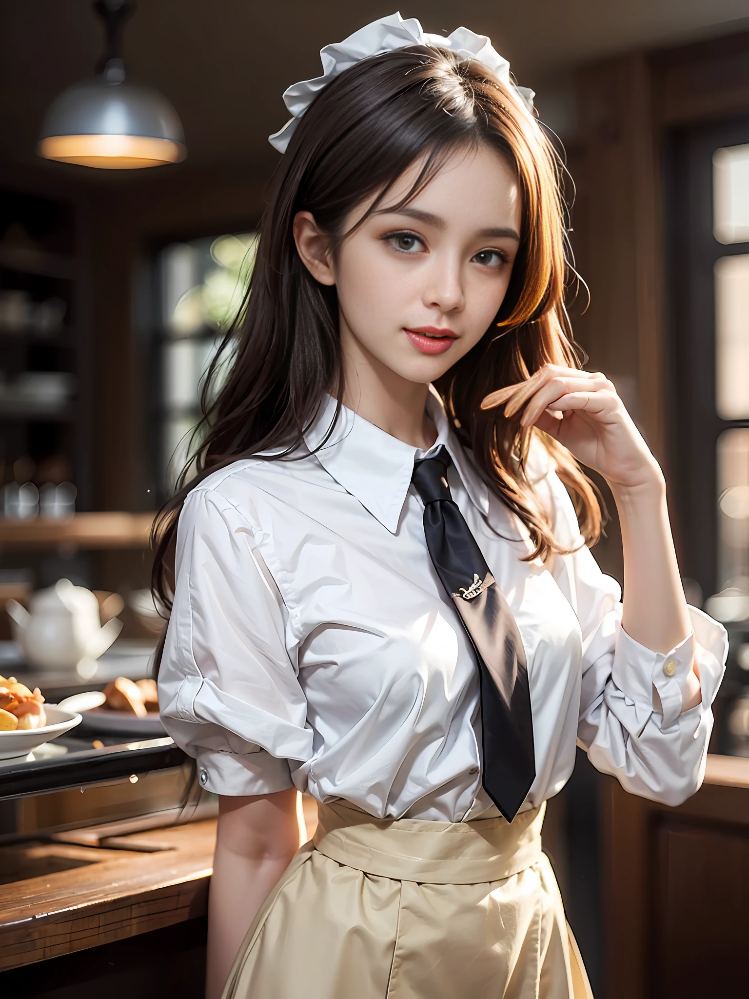 Mature café clerk woman 1, (Masterpiece: 1.3), (8k, Photorealistic, RAW photo, Best Quality: 1.4), (1girl), Shallow depth of field, Face in focus, Soft focus, Beautiful face, (Backlit: 1.5), (Ambient: 1.3), (Realistic face), (Black hair, medium short: 1.3), Loose wavy hair, Short bangs, realistic eyes, dark brown pupils, highlights in pupils, beautiful detail eyes, (plenty of natural light), (realistic skin), beautiful skin, (blouse with white collar), (tie), café apron, (flared skirt), (pumps), watch, small handbag, absurd, attractive, ultra high resolution, ultra realistic, high definition, golden ratio, detailed dining café background, The light from the back window is backlighted, the pale skylight of natural light, the natural light lighting from the diagonal front of the face, facing the front and smiling a little and looking embarrassed