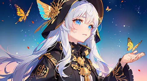 agirl，（Gold-patterned hood，There are colorful flowers on the cap，Messy and flowing hair，length hair，whitehair，Blue eyes，glass pu...