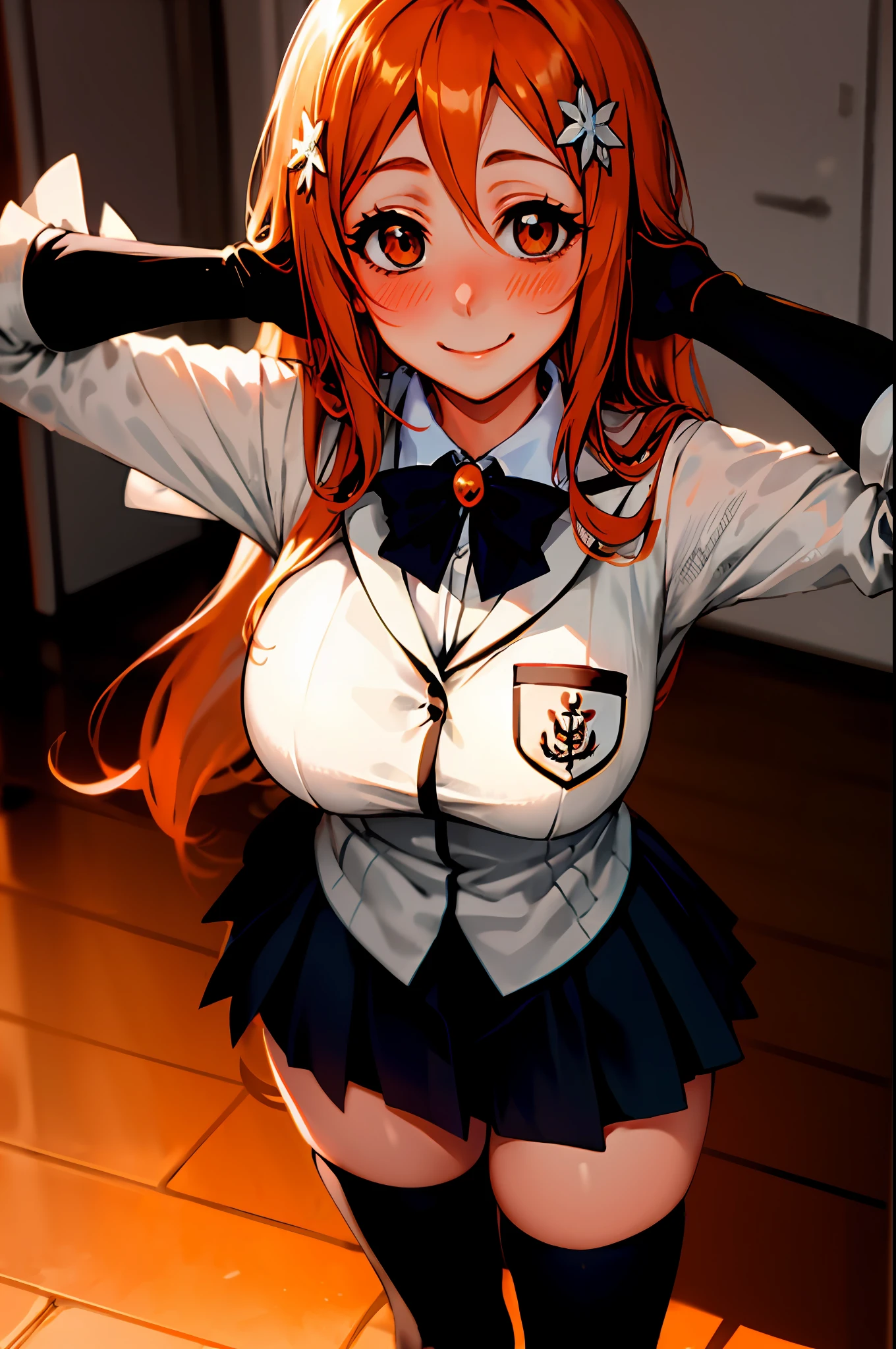 Orihime inoue, bleach, 1girl, solo, school dress,skirt, Halloween Grey,hair between eyes, long hair, hair ornament, looking at viewer, messy hair,  orange hair, solo, thighhighs, thighs, long hair, ((masterpiece)), standing, sexy pose, blush, shy, smile, closes mouth,
