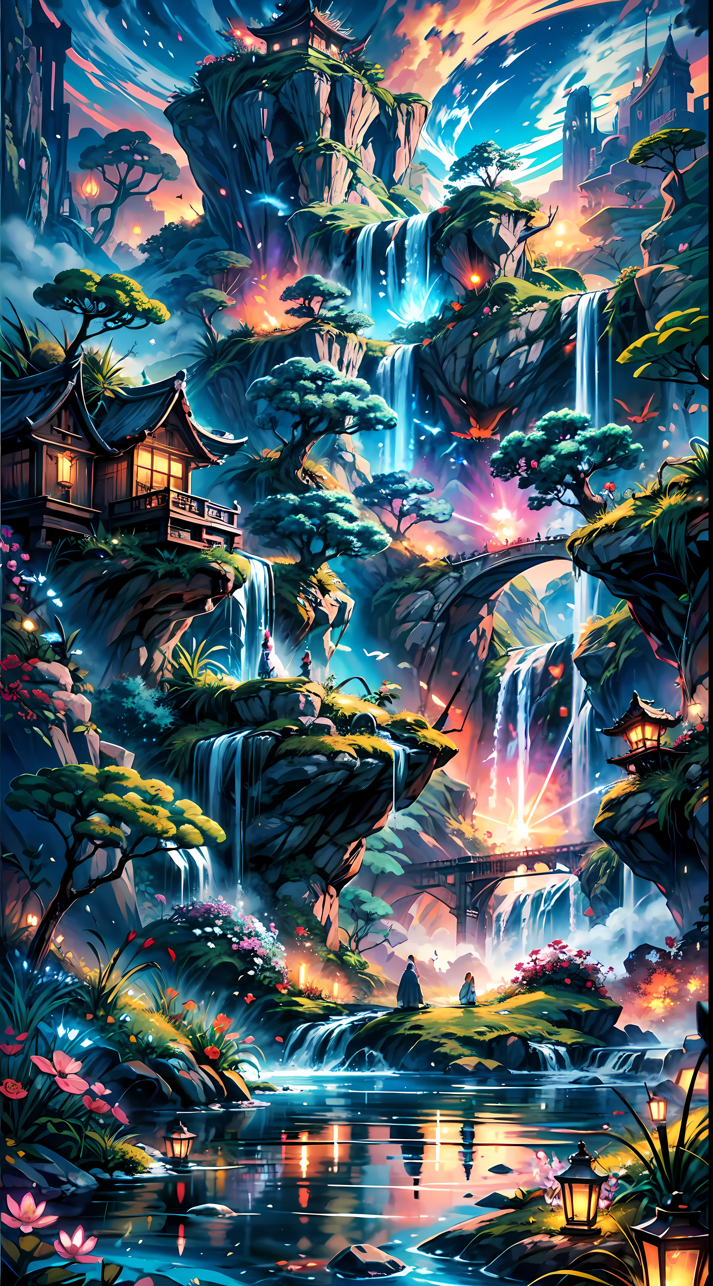 masterpiece, best quality, trending on artstation, The image portrays an otherworldly scenery that takes you on a magical journey to ancient fantasy China. In the center of the image, you see a magnificent waterfall cascading down from a towering cliff into a serene and tranquil pool below. The water sparkles with the reflection of the sun, creating a dazzling display of light. Above the waterfall, you see a series of floating islands, each one seeming to defy the laws of gravity and physics BREAK These islands are adorned with intricate details, with pagoda-style roofs, ornate bridges, and lush gardens. The sky above is a tapestry of colors, with hues of pink, orange and purple that blend together in a stunning display of natural artistry. You also see hints of magic, with glowing orbs of light floating in the air, and intricate symbols etched into the rocks surrounding the waterfall BREAK The overall effect of the image is one of serene beauty and mystical wonder, transporting the viewer to a fantastical land that seems to exist only in the realm of dreams and imagination.