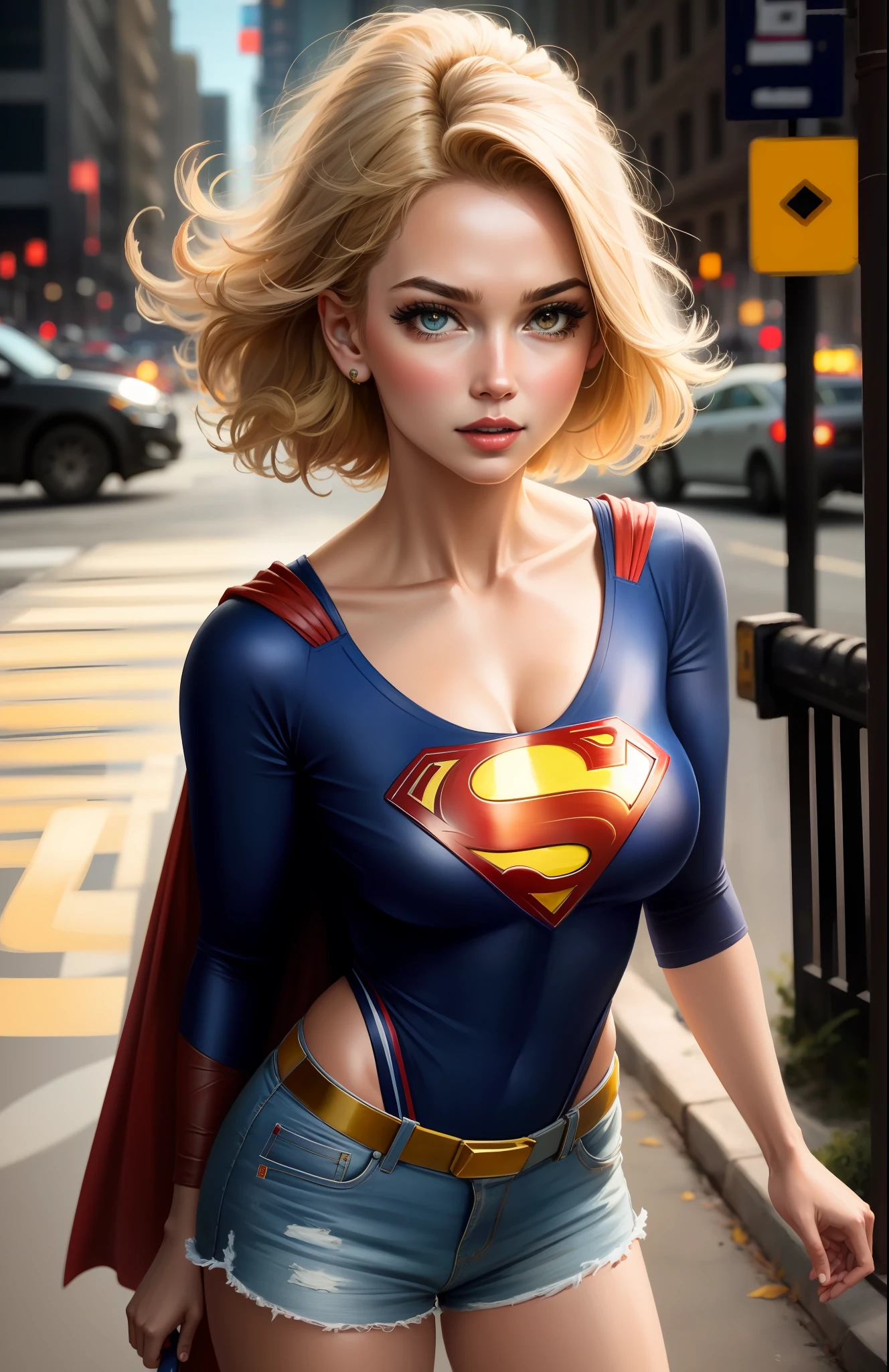 (), big boobies,(Masterpiece artwork), best qualityer, extremely detaild, (water colour), flowers, delicate and beautiful, illustration, (from low),(1 blonde:1.4), (soli:1.2), breasts big, (wet blouse with Superman letter S:1.3), off-shoulder wet blouse, (short shorts:1.2), bared shoulders, (underboob:1.2), Beautiful  eyes, pawg, (extremely long shaggy curly hair), fot, over shoulder shot, por Alex Maleev, proffesional, Canon Camera, Nikon Camera, Sharp, bokeh,  studio quality, Fish-eye lens, by Robert Capa , stick out tongue, blue colored eyes. Superman symbol in the background.