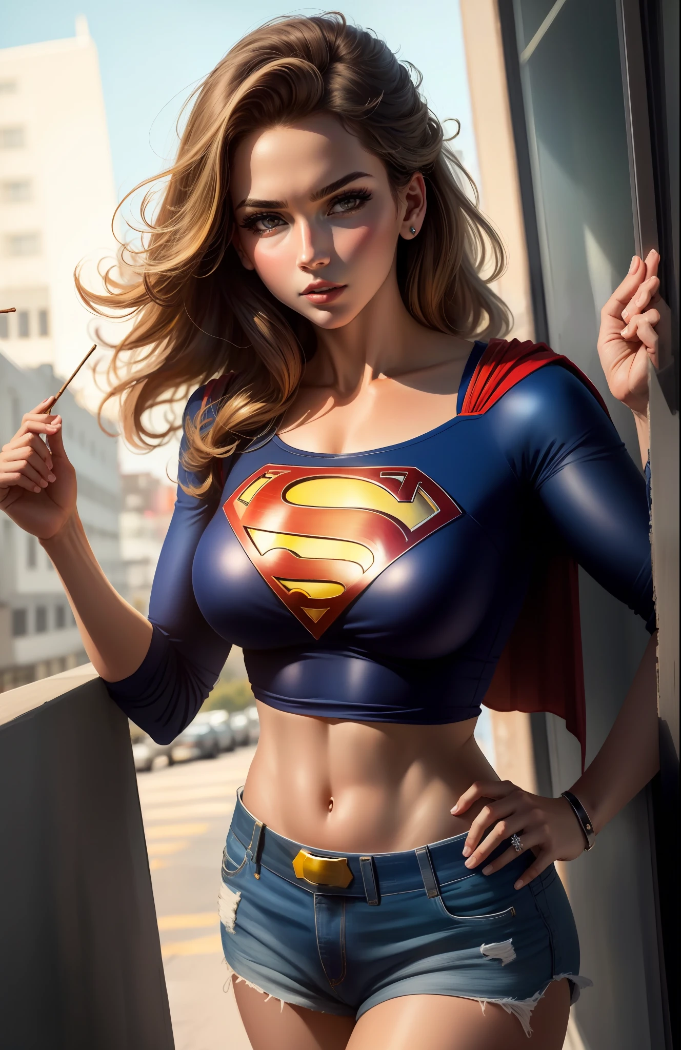 (), big boobies,(Masterpiece artwork), best qualityer, extremely detaild, (water colour), flowers, delicate and beautiful, illustration, (from low),(1 blonde:1.4), (soli:1.2), breasts big, (wet blouse with Superman letter S:1.3), off-shoulder wet blouse, (short shorts:1.2), bared shoulders, (underboob:1.2), Beautiful  eyes, pawg, (extremely long shaggy curly hair), fot, over shoulder shot, por Alex Maleev, proffesional, Canon Camera, Nikon Camera, Sharp, bokeh,  studio quality, Fish-eye lens, by Robert Capa , stick out tongue, blue colored eyes. Superman symbol in the background.