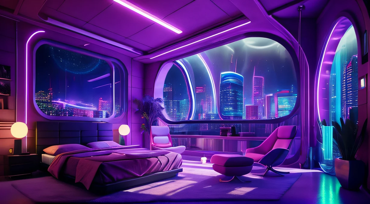 ((masterpiece)), (ultra-detailed), (intricate details), (high resolution CGI artwork 8k), Create an image of a retro futuristic cyberpunk bedroom. One of the walls should feature a big window with a busy, colorful, and detailed cyberpunk cityscape. Futuristic style with lots of colors and LED lights. The cityscape should be extremely detailed with depth of field. Utilize atmospheric lighting to create depth and evoke the feel of a busy futuristic city outside the window. Pay close attention to face details like intricate, hires eyes and bedroom accents. Camera: wide shot showing the room and the window. The window should be the focal point of the image. Lighting: use atmospheric and volumetric lighting to enhance the cityscape details. The room should be illuminated by the neon lights from the cityscape.