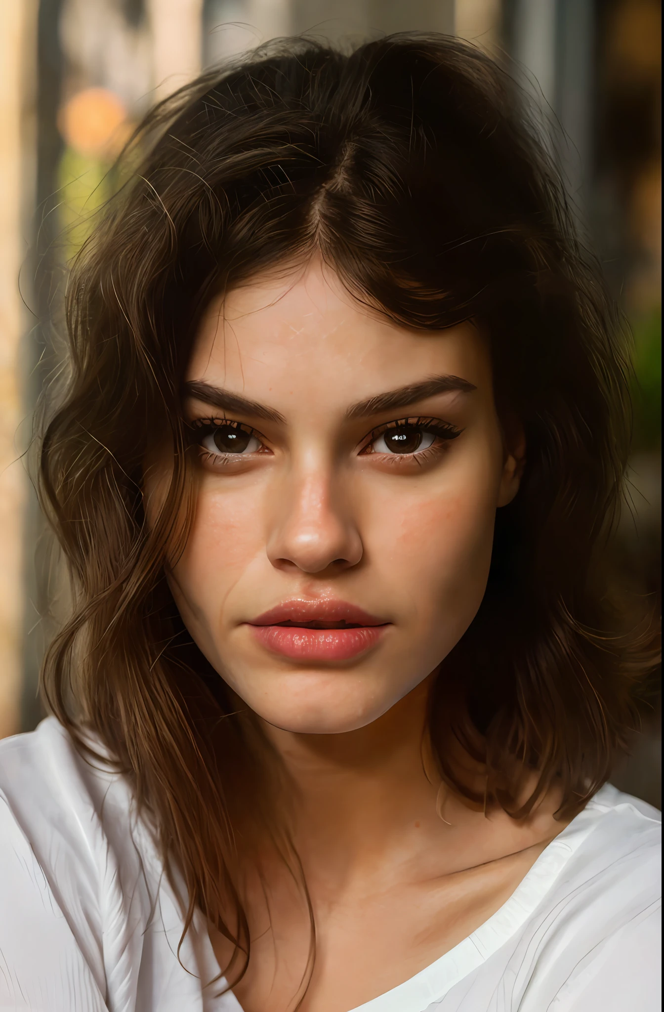 (close-up, editorial photograph of a futuristic 19-year-old woman), (highly detailed face:1.4) (smile:0.7) (background inside dark, serious, private study:1.3) POV, by lee jeffries, nikon d850, film bank photography,4 kodak portra 400, camera f1.6 lens, rich colors, hyper realistic, realistic texture, dramatic lighting, cinestill 800, traces of italian, white ethnicity, fleshy lips and angelic face,  Hyper realistic 4k, curly hair and short with smooth bangs, looking at the camera