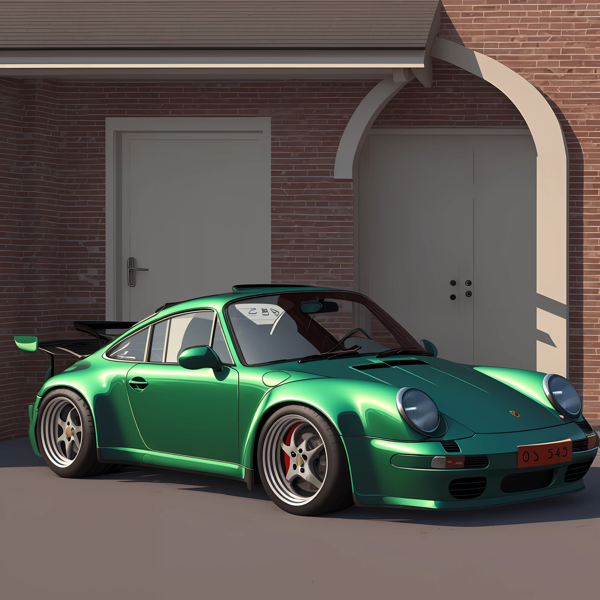 The Allafard Green Porsche 964 is parked in front of the garage, highly detailed hyper real retro, Porsche 964, Porsche 964,, hyper detailed 3d render, hyper detailed 3d render, Porsche 964, 3 d hyper realistic render, porch, ultrarealistic render, hyperrealistic 3d render, hyperrealistic render，refit，broad body，empennage，Porsche 964