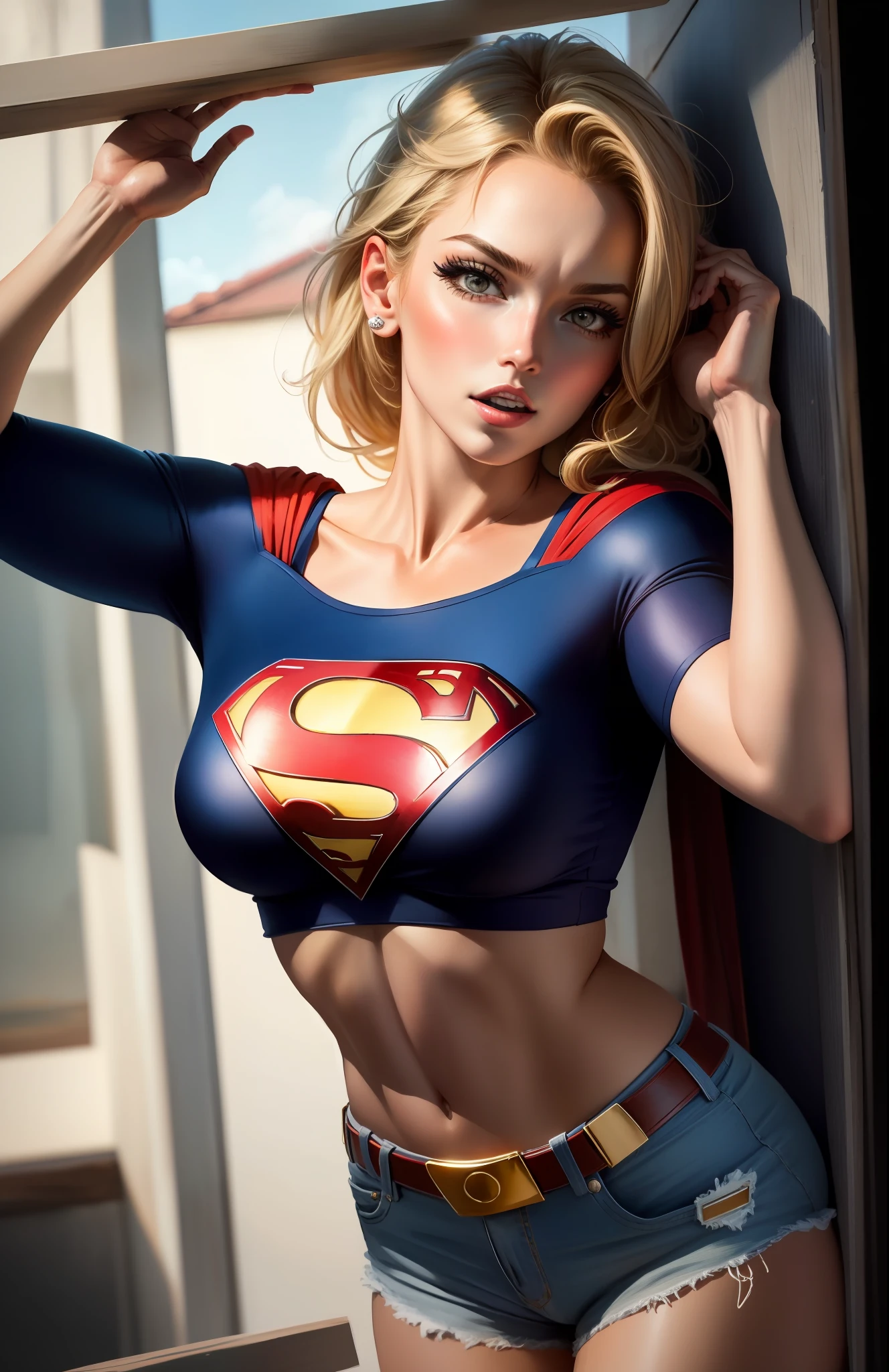 (), big boobies,(Masterpiece artwork), best qualityer, extremely detaild, (water colour), flowers, delicate and beautiful, illustration, (from low),(1 blonde:1.4), (soli:1.2), breasts big, (wet blouse with Superman letter S:1.3), off-shoulder wet blouse, (short shorts:1.2), bared shoulders, (underboob:1.2), blue colored eyes bonitos, pawg, (extremely long shaggy curly hair), fot, over shoulder shot, por Alex Maleev, proffesional, Canon Camera, Nikon Camera, Sharp, bokeh,  studio quality, Fish-eye lens, by Robert Capa , stick out tongue, blue colored eyes. Superman symbol in the background.