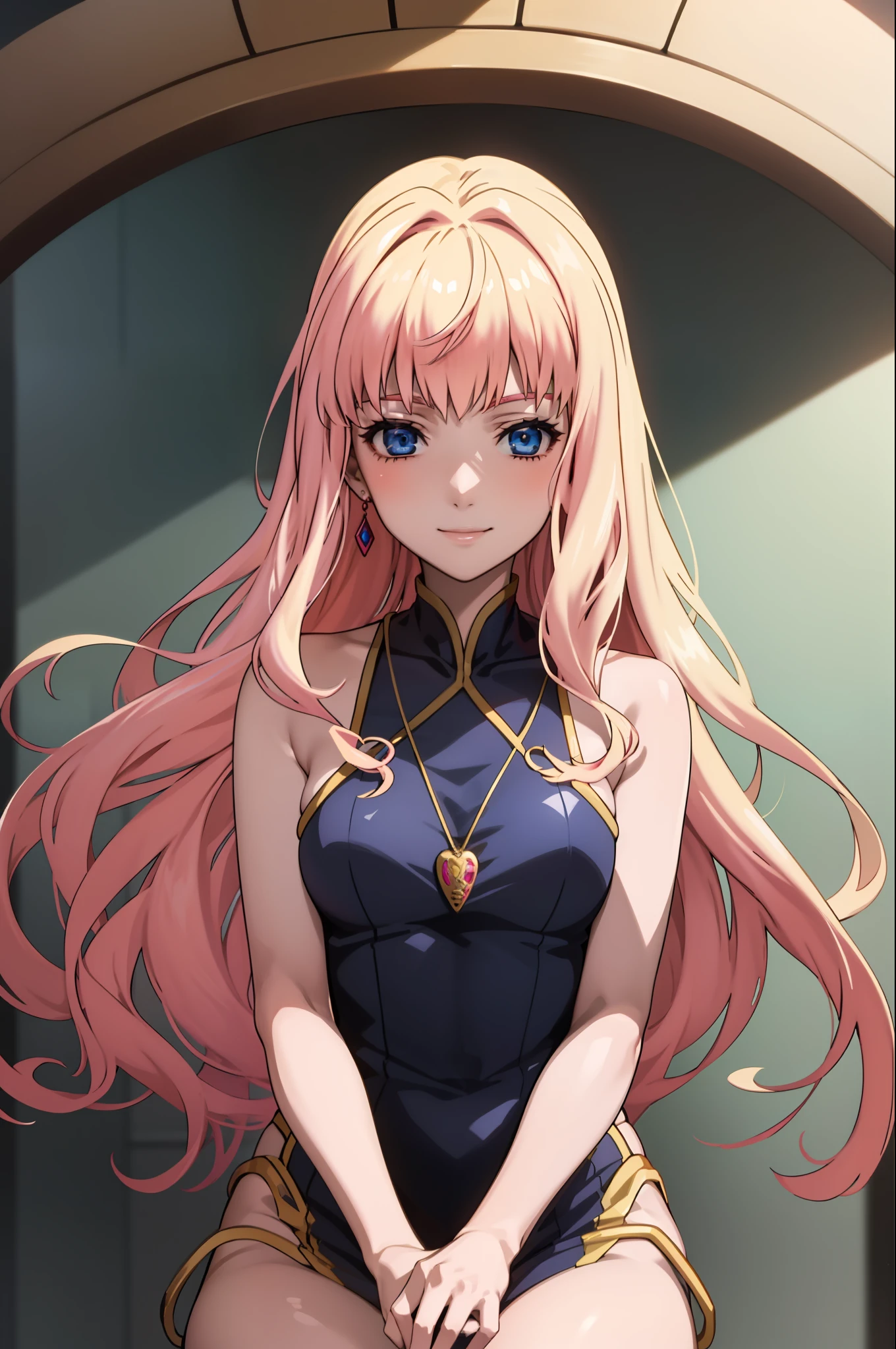 (anime:1.1), best quality, masterpiece,
1girl, sherly nome, multicolored hair, blonnde hair, pink hair, gradient hair long hair, medium breasts, blue eyes, mature woman,  looking at viewer, smile