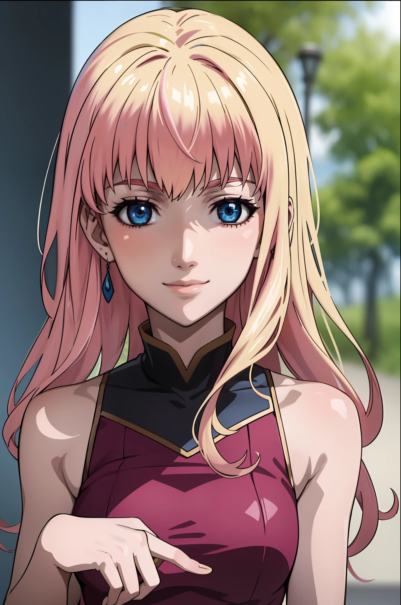 (anime:1.1), best quality, masterpiece,
1girl, sherly nome, multicolored hair, blonnde hair, pink hair, gradient hair long hair, medium breasts, blue eyes, mature woman,  looking at viewer, smile