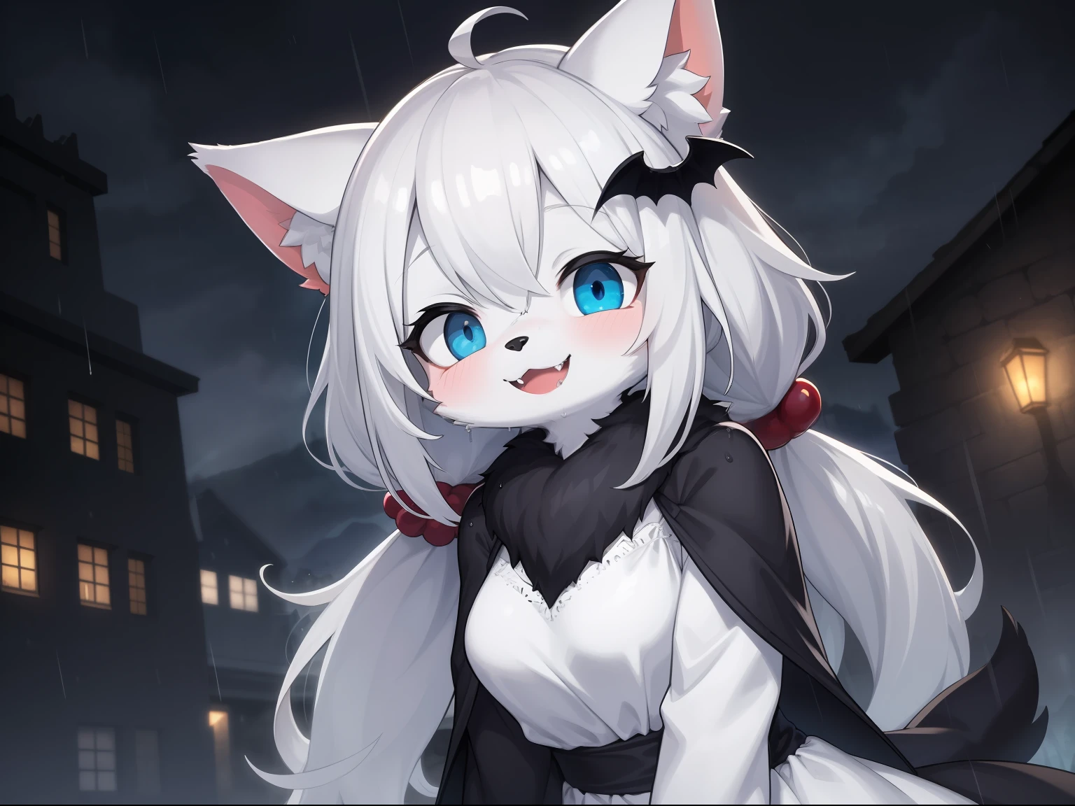 Cat Girl，was hairy，shaggy，Skin fur，White fur，Forelimb hands，hair splayed out，White ears，White face fur，White hair, hair splayed out, Shiny hair，Long hair，Hairline, low twintails，Blue eyes，Super cute face，happy, full-face blush, smiley，Empty eyes， Fangs，daggers，bat hair ornament，White dress，Ambient light，Ultra-fine fur，Volumetric eye, bangs, light and darkcontrast, ultra high def, 巨作, Super detail，Ruins background，crow，Night，starry light，Under the rain，In the rain，Drizzle，Wet with rain，rainy outside，High quality, ultra high def, high resolucion, Anatomically correct