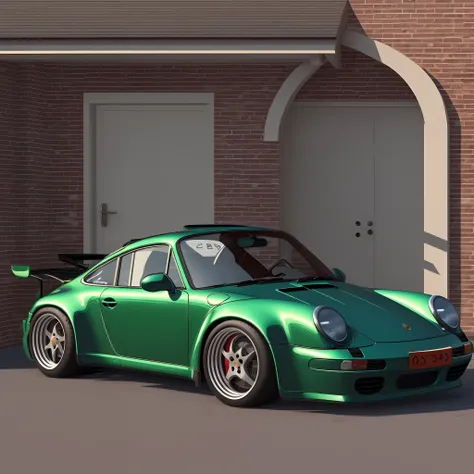 the allafard green porsche 964 is parked in front of the garage, highly detailed hyper real retro, porsche 964, porsche 964,, hy...