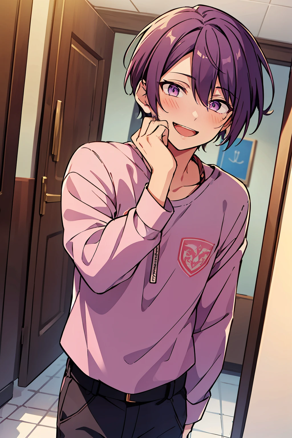 (high-quality, breathtaking),(expressive eyes, perfect face), 1boy, male, solo, short, young boy, purple hair with parted bangs, pink eyes, laugh, casual purple outfit, pants, on a date