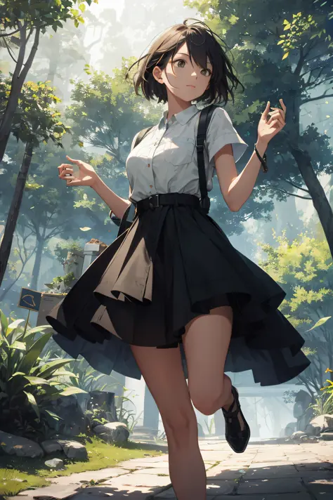 fairy in bright forest, attractive style, dynamic light and shadow, short pink hair, disheveled clothes, clean nosed face, teasing lips, blurred background, blush, teasing face, glowing eyes, full body shot, dark night, Makoto Shinkai and Ghibli studio, so...