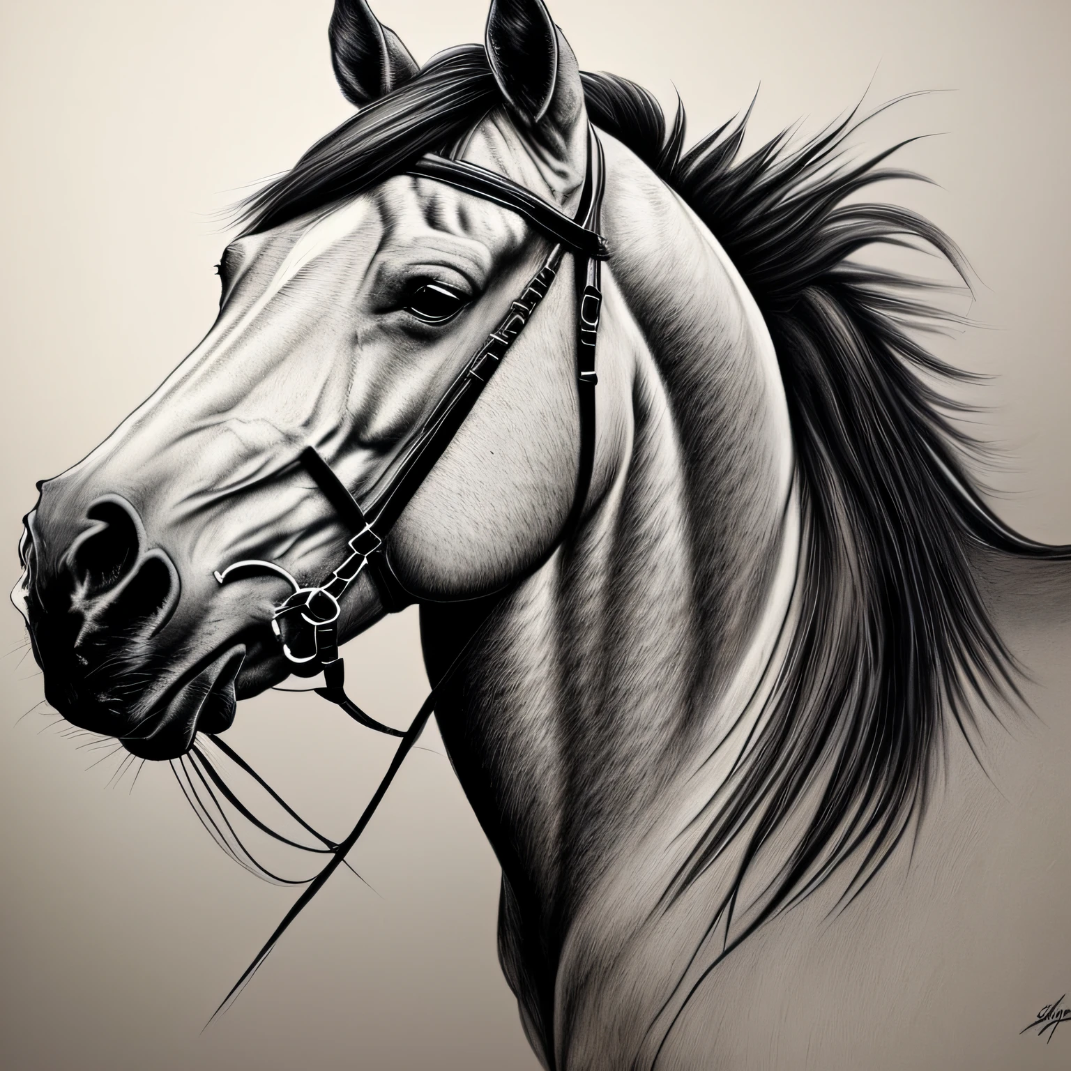 Desenho de um cavalo com rédea e rédea na cabeça - SeaArt AI