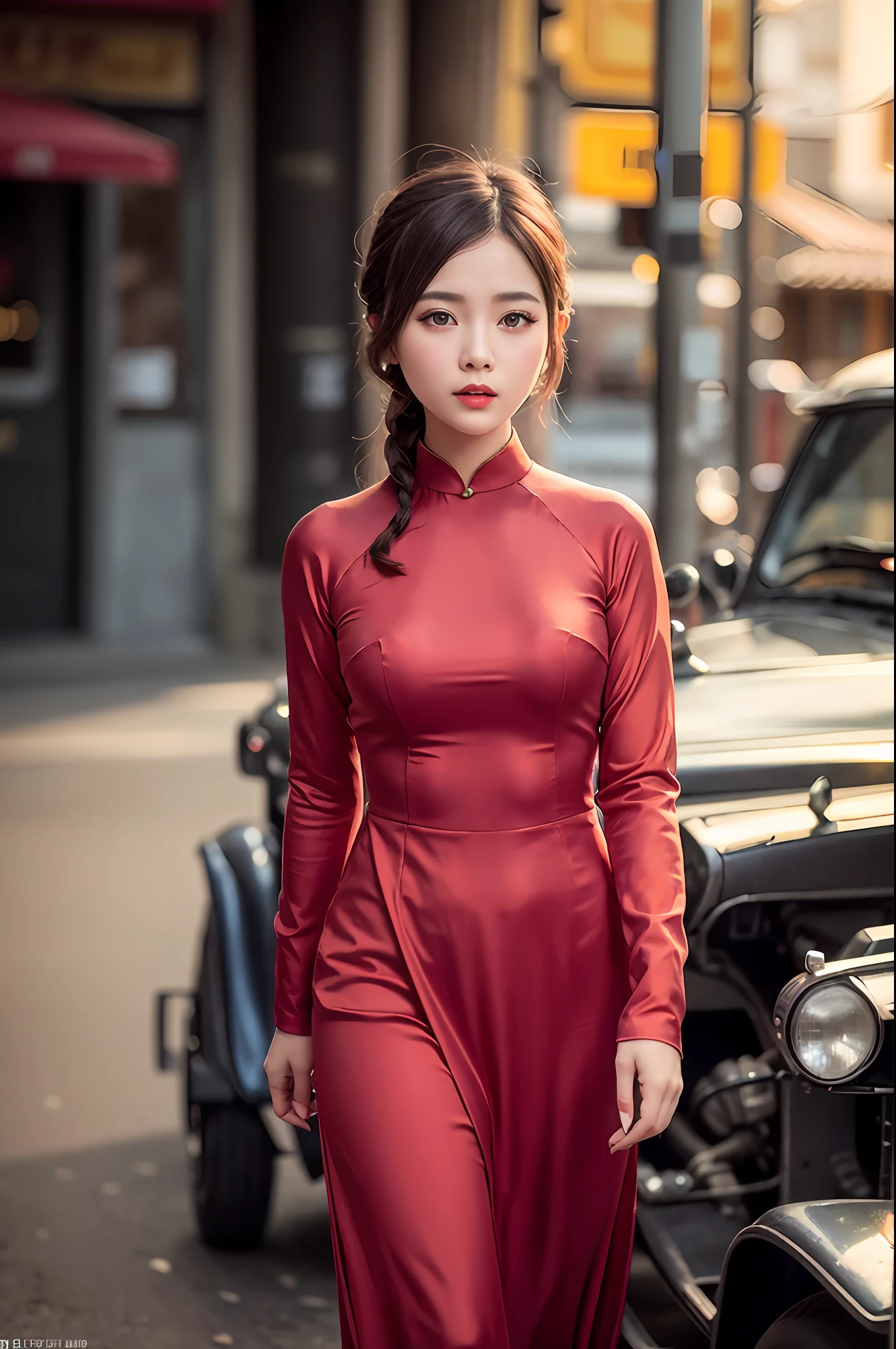 a beautiful girl in vintage red colors aodai tradition viet nam, city nigth, masterpiece, best quality, realistic:1.3, street, cyberpunk, sunlight, backlighting, artstation, intricate details, vignette, city night, antique car, Hoi An