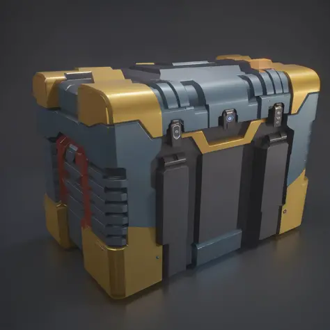 Sci-Fi Treasure Chest, Mechanical Feel, Luggage, Blue and Yellow Color Matching, Detailed 3D Models, Metal Textures, , , Rich Details, Futuristic Design, Industrial Style, Hard Surface Modeling
