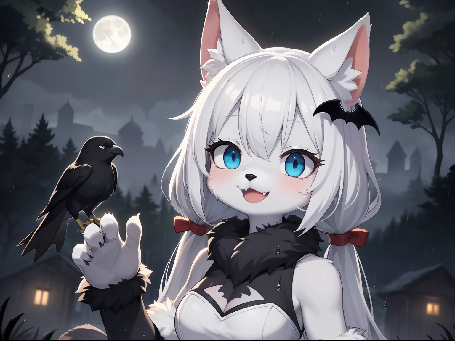 Cat Girl，was hairy，shaggy，Skin fur，White fur，Forelimb hands，hair splayed out，White ears，White face fur，White hair, hair splayed out, Shiny hair，Long hair，Hairline,  low twintails，Blue eyes，Super cute face，Happy, full face blush, smiley，Empty eyes， Fangs，bat hair ornament，White dress，Ambient light，Ultra-fine fur，Volumetric eye, bangs, light and darkcontrast, ultra high def, 巨作, Super detail，Forest ruins background，crow，Night，A starry sky，full moon，Under the rain，In the rain，Drizzle，Wet with rain，rainy outside，High quality, ultra high def, high resolucion, Anatomically correct