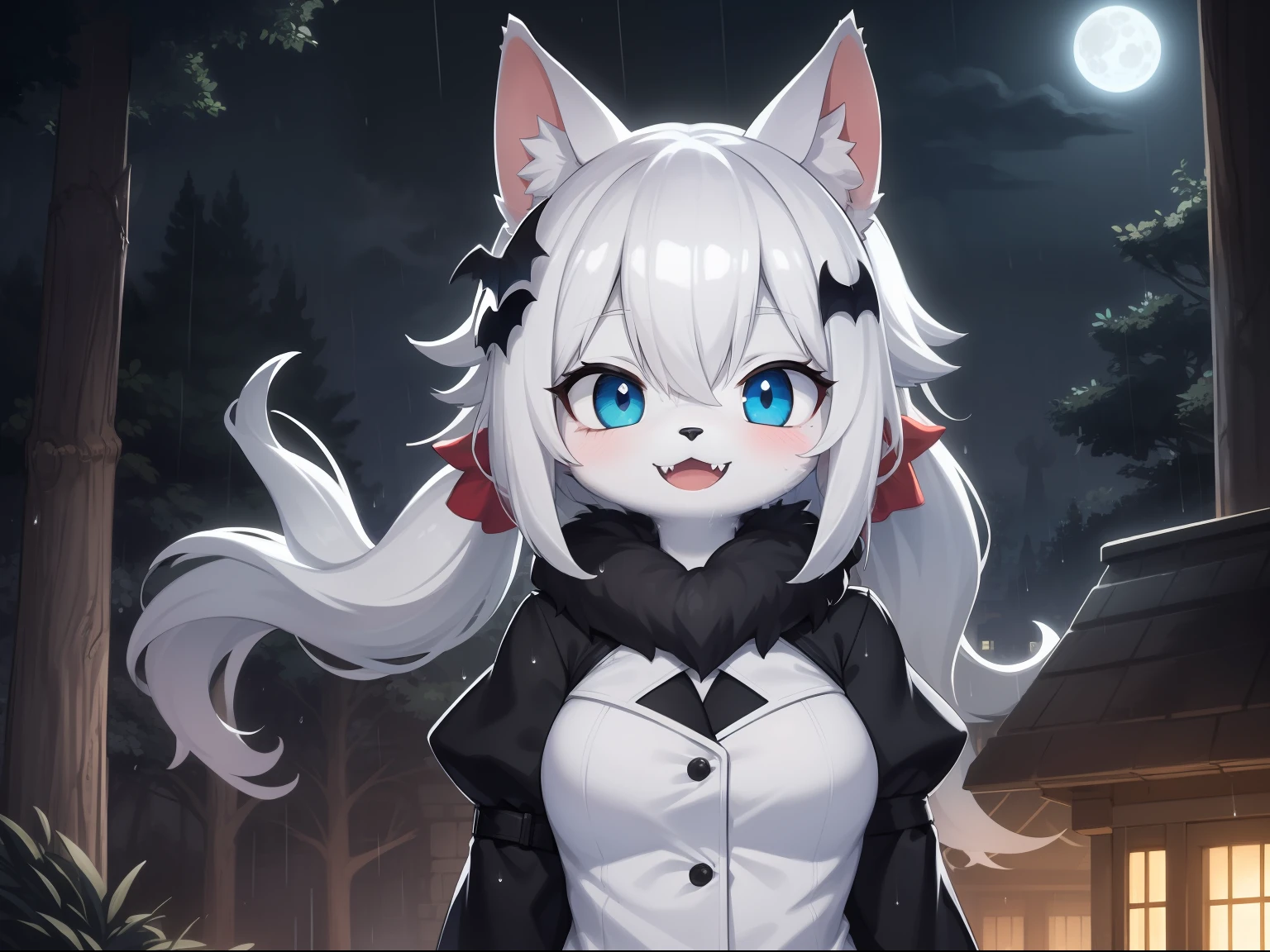 Cat Girl，was hairy，shaggy，Skin fur，White fur，Forelimb hands，hair splayed out，White ears，White face fur，White hair, hair splayed out, Shiny hair，Long hair，Hairline,  low twintails，Blue eyes，Super cute face，Happy, full face blush, smiley，Empty eyes， fangs，bat hair ornament，White dress，Ambient light，Ultra-fine fur，Volumetric eye, bangs, light and darkcontrast, ultra high def, Masterpiece, Super detail，Forest ruins background，crow，Night，A starry sky，full moon，Under the rain，In the rain，Drizzle，Wet with rain，rainy outside，High quality, ultra high def, high resolution, Anatomically correct