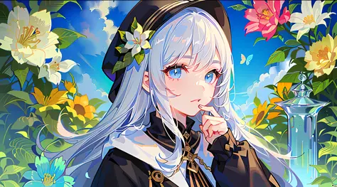 agirl，（Gold-patterned hood，There are colorful flowers on the cap，Messy and flowing hair，length hair，whitehair，Blue eyes，glass pu...