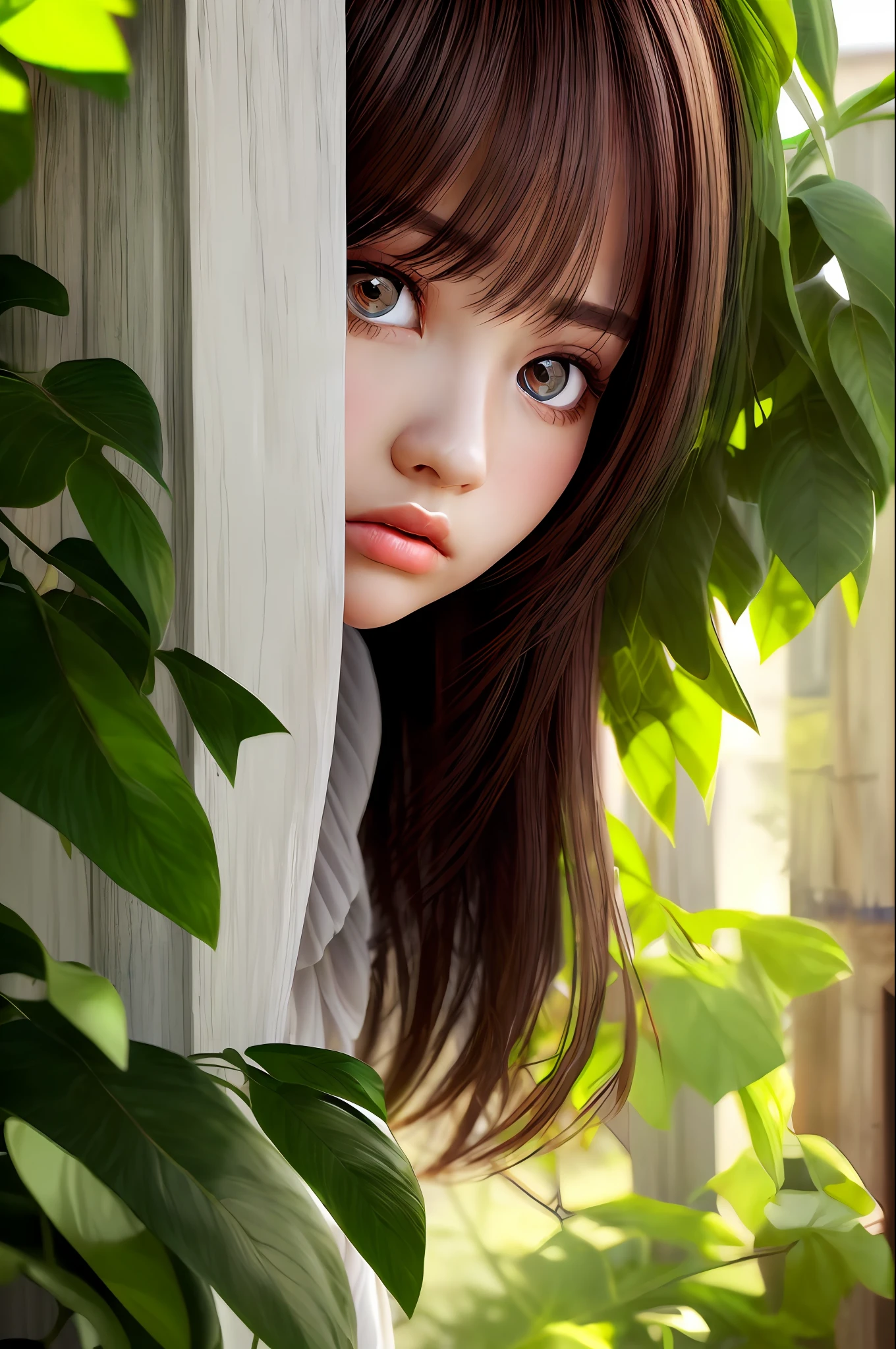 1girl, peeking out upper body ，big eyes, pouting lips, cute， leaves, flowersface，realistic，3d, outdoor，Sun'rays，(((best quality))),(((ultra detailed))),(((masterpiece))),