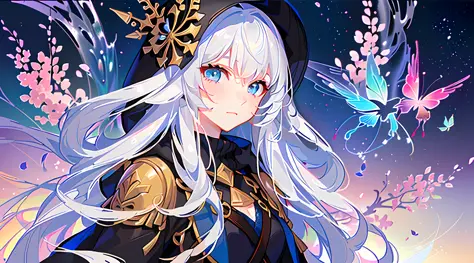 agirl，（Gold-patterned hood，There are colorful flowers on the cap，Messy and flowing hair，length hair，whitehair，Blue eyes，glass pu...