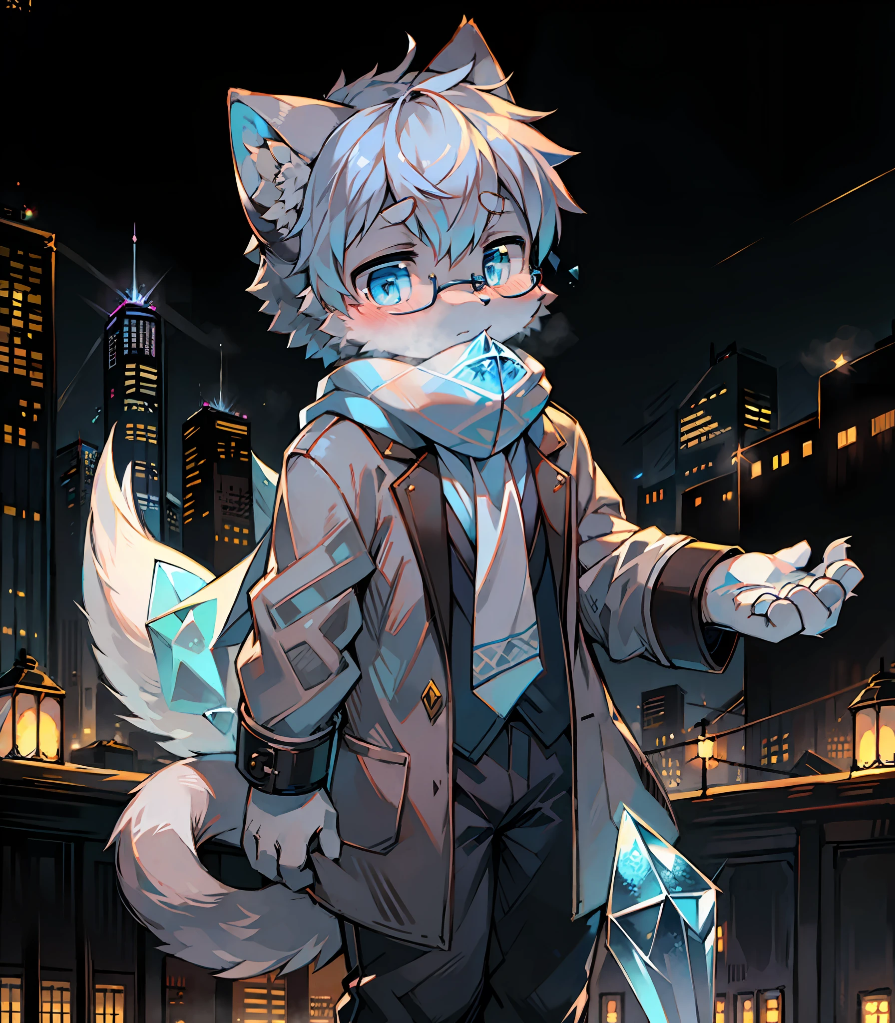 Highest quality, delicate painting style, delicate hook line, masterpiece, delicate skin, delicate hair, complete painting, masterpiece, delicate hands, delicate eyes, normal eyes, gray cat ears, furry, black frame round glasses, blue eyes, handsome, ((white scarf)), cat style, Shota, cyberpunk, blue pupils, city night view, gray crystal wings, mottled light and shadow, boy, bright eyes of God. , crystal shards in the air, cities, gray fur