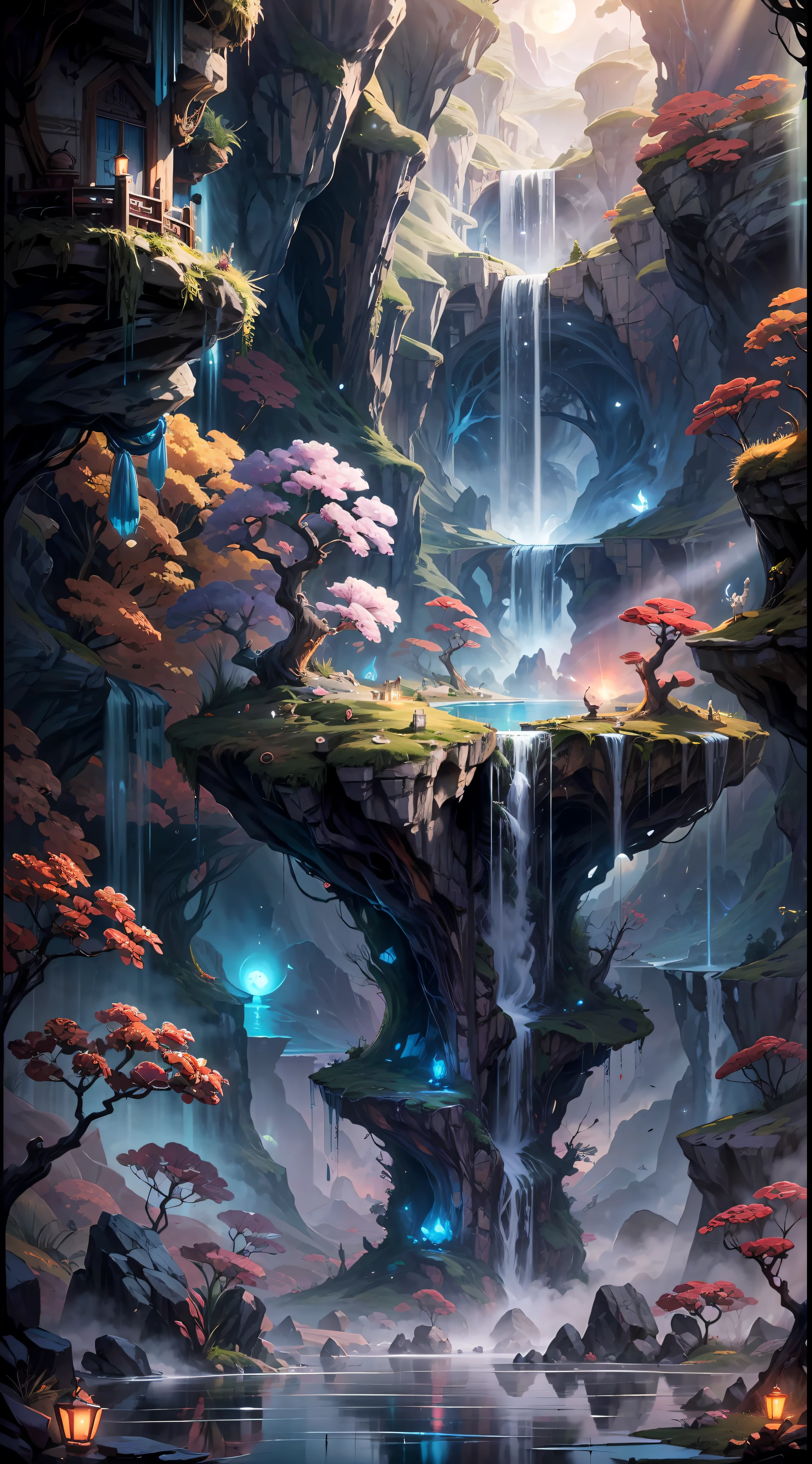 masterpiece, best quality, trending on artstation, The image portrays an otherworldly scenery that takes you on a magical journey to ancient fantasy China. In the center of the image, you see a magnificent waterfall cascading down from a towering cliff into a serene and tranquil pool below. The water sparkles with the reflection of the sun, creating a dazzling display of light. Above the waterfall, you see a series of floating islands, each one seeming to defy the laws of gravity and physics BREAK These islands are adorned with intricate details, with pagoda-style roofs, ornate bridges, and lush gardens. The sky above is a tapestry of colors, with hues of pink, orange and purple that blend together in a stunning display of natural artistry. You also see hints of magic, with glowing orbs of light floating in the air, and intricate symbols etched into the rocks surrounding the waterfall BREAK The overall effect of the image is one of serene beauty and mystical wonder, transporting the viewer to a fantastical land that seems to exist only in the realm of dreams and imagination.