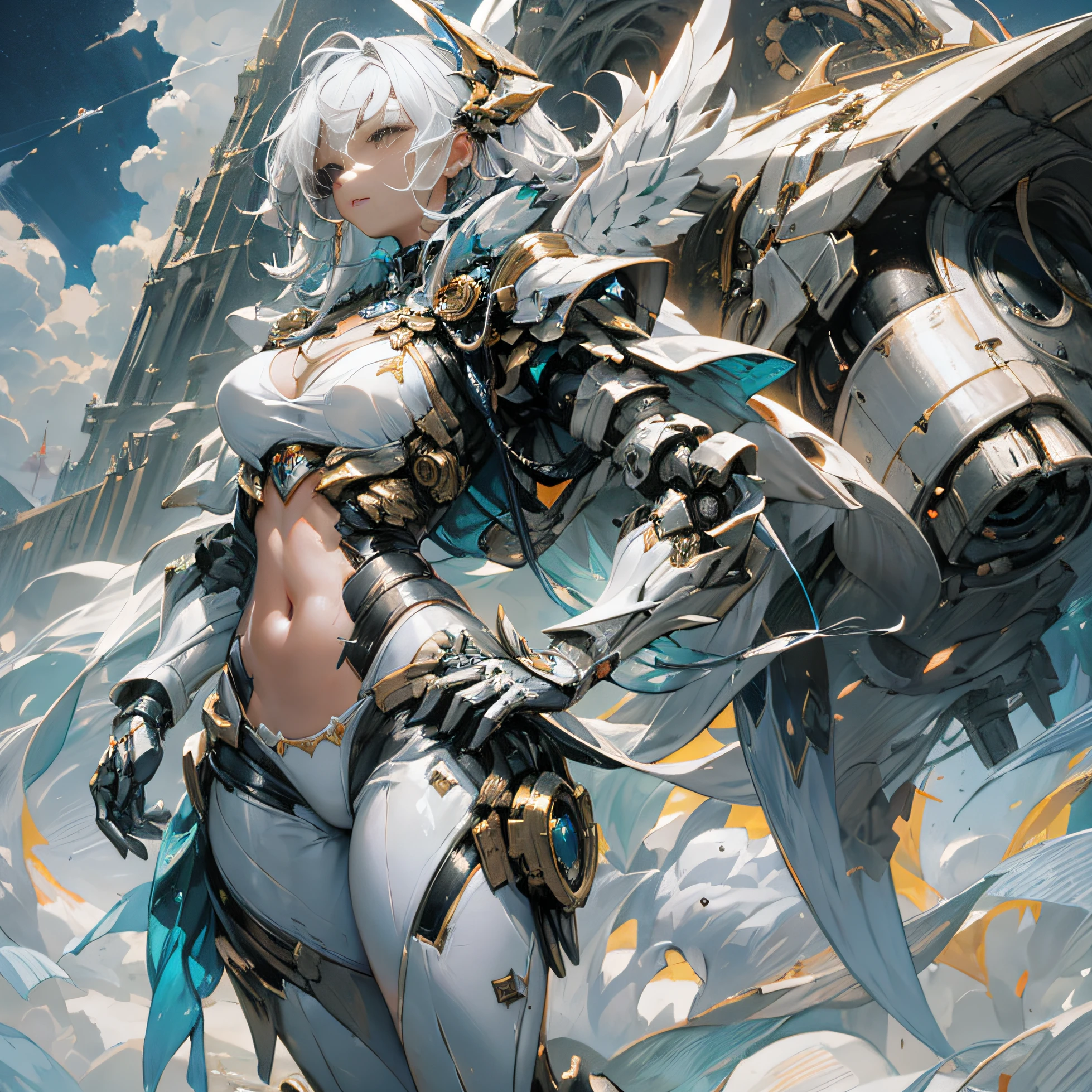 (outstanding, professional, surreal), full-body shot. Summer sea spreading over the blue sky of Hawaii. I am flying with a mechanical dragon equipped with large wings. The white metal shell shimmers. Exposing cleavage. The robot mech is tall and exudes unparalleled majesty and strength. Standing next to the robot, you see an impressive teenage girl. With white hair, she wears a white bikini and tight-fitting white bikini pants, emphasizing her perfect figure. The bikini texture contrasts with the metallic texture of the robot, showing a unique visual effect. The firm and resolute eyes of the girl indicate that she is fearless (the girl is in good shape, shows a navel, medium chest, clear facial details)