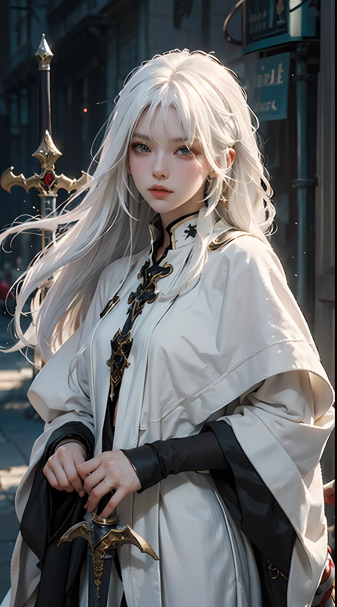 a close up of a person with white hair and a sword, white haired deity, with white long hair, with long white hair, artwork in the style of guweiz, white haired, guweiz, handsome guy in demon slayer art, beautiful character painting, by Yang J, white-haired, guweiz on pixiv artstation, anime character