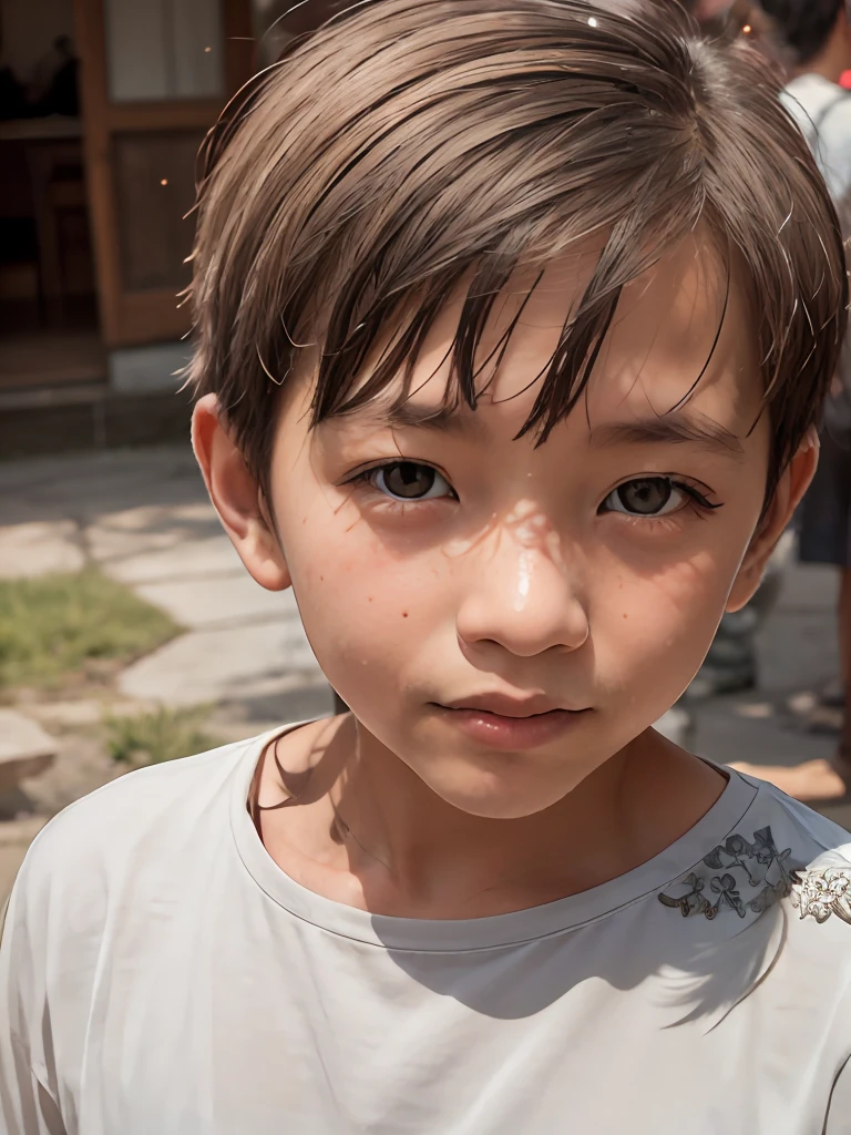 4k, Best quality, masterpiece, ultra high res, beautiful lighting, (realistic, photo-realistic:1.4), realistic background,1man, 7 years old childreen wear white uniform