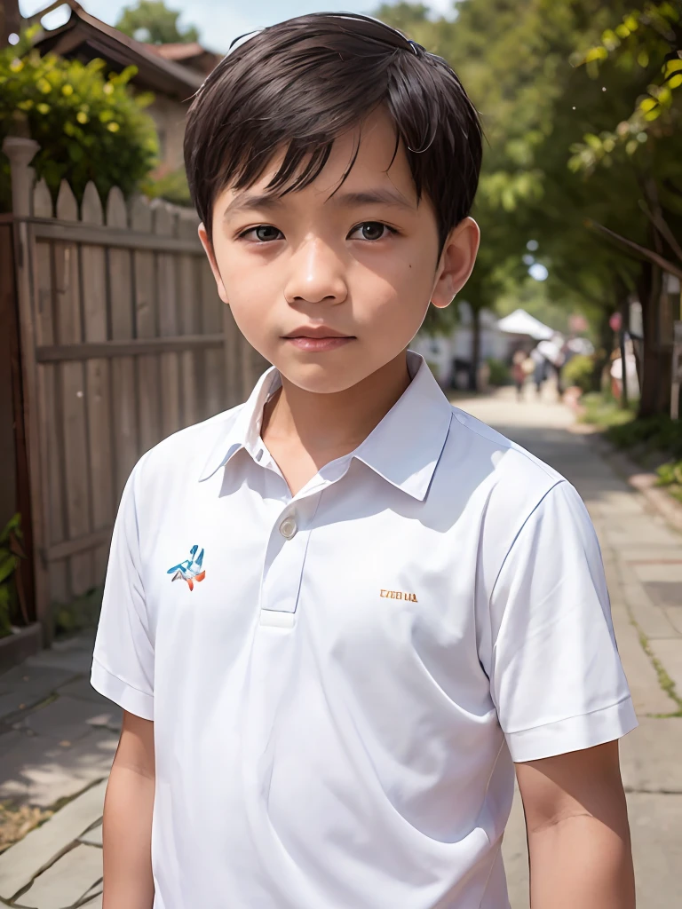 4k, Best quality, masterpiece, ultra high res, beautiful lighting, (realistic, photo-realistic:1.4), realistic background,1man, 7 years old childreen wear white uniform