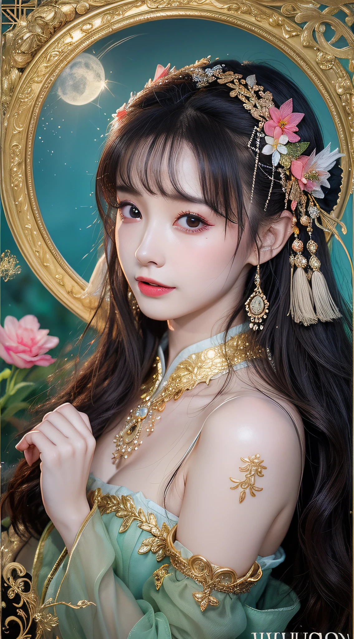 （Shy：1.3），（Gold composition），(8K, OriginalPhoto:1.2), Best quality, ultra-high-resolution,Dramatic angles,(fluttered detailed color splashs), (illustration),(((1 girl))),(Long hair),(Rain:0.9), (head piece:1.4),There is an ancient palace beside the girl,Hanfu,(focal point)， 巨作, Best quality, beautiful painted, highly-detailing,(Denoising:0.6),[Splash ink],((ink refraction)), (Beautiful detailed sky),Moon,highly,A detailed,(巨作, Best quality, Extremely detailed） CG Unity 8k wallpaper，nmasterpiece，the best quality，Ultra-detailded），（Stone garlic），