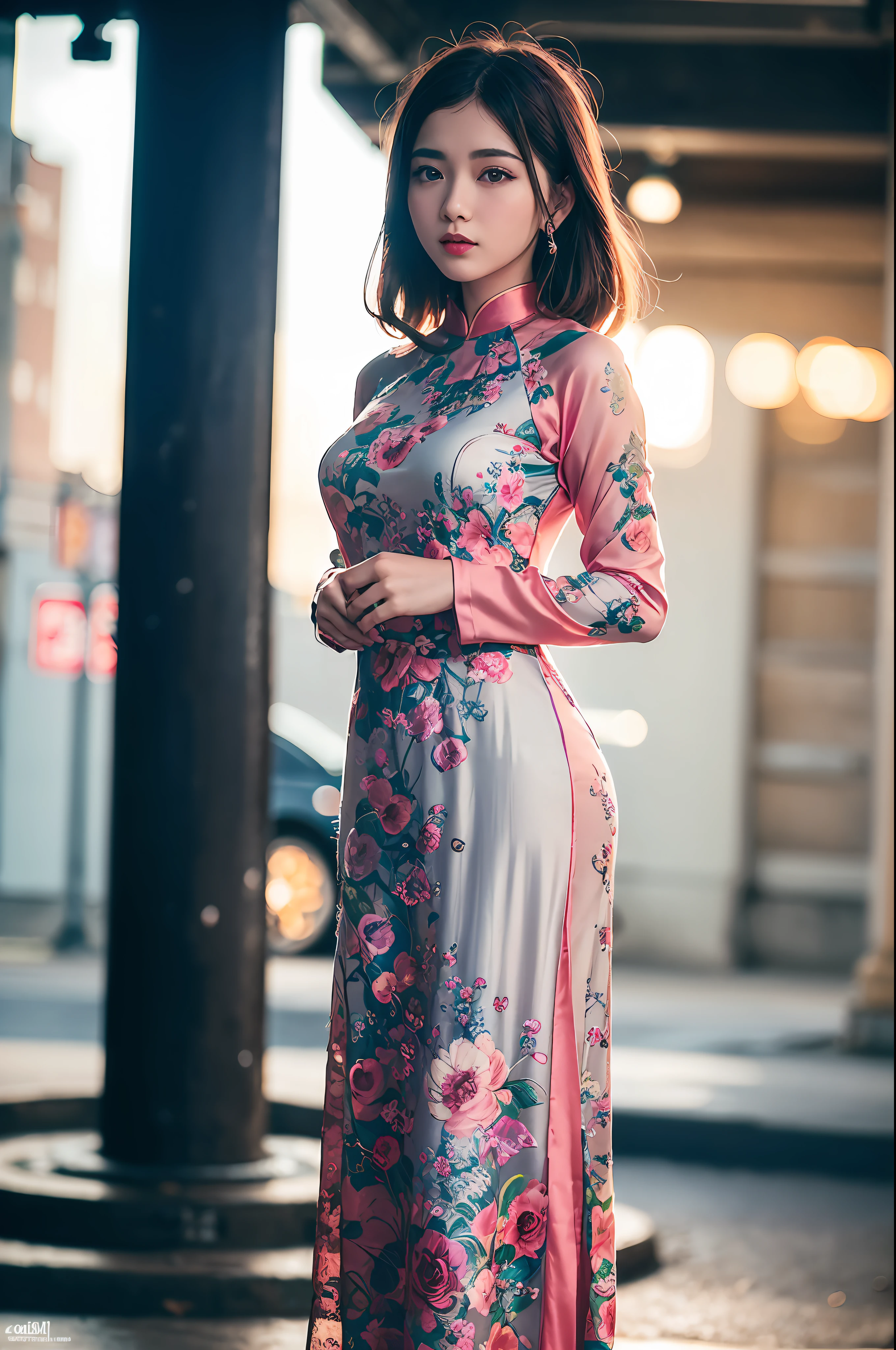 a beautiful girl in vintage bright colors aodai tradition viet nam, city nigth, masterpiece, best quality, realistic:1.3, street, cyberpunk, sunlight, backlighting, artstation, intricate details, vignette, city night, antique car, Hoi An