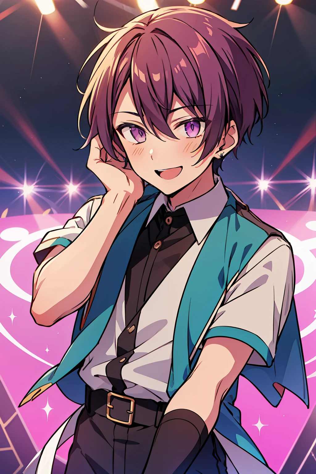 (high-quality, breathtaking),(expressive eyes, perfect face), 1boy, male, solo, short, young boy, purple hair with parted bangs, pink eyes, laugh, idol outfit, on stage