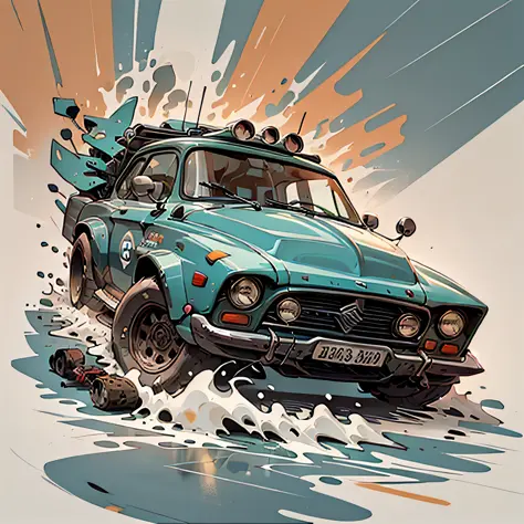 auto Datsun 180-j 1975 color naranja, con tabla de surf en la parte superior, Highly detailed illustration.", vehicle illustrati...