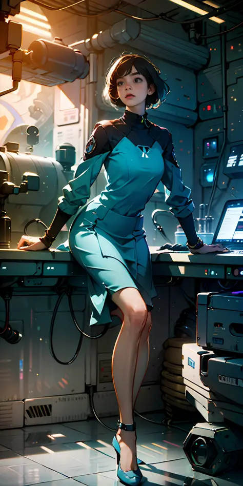 both legs visible, two feet, feet on the ground, skirt, scientist, wearing shoes, feet separate, detailed face, good face, confi...