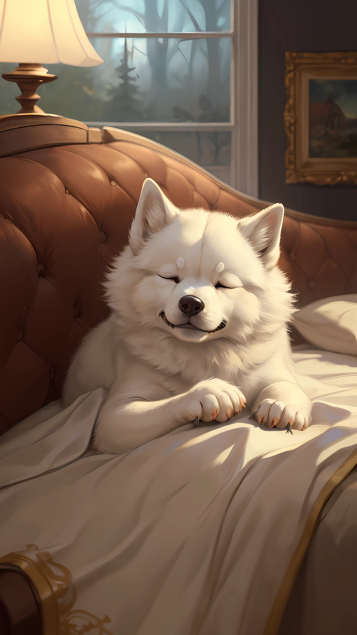 Cute fantasy（was hairy，Wild Samoyed，Silly），（Detailed face，with closed eyes），（Single focus），go to bed，supine，Lazy，Wrapped in a silk blanket，Bright theme white dreamy soft light，（Tiere：0.8），（Fluffy and delicate body fur：1.1），Cute paws，Snoring，nmasterpiece，high resolucion，Written by Jeremy Lipking，Written by Antonio J Manzanedo，（Written by Alphonse Mucha：0.5），（Cutes，Smirk，Cutes：1.1），Abstract background，chubbiness