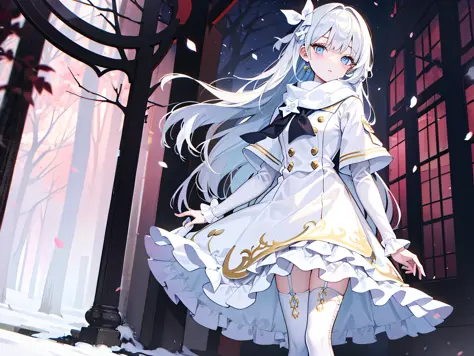 Light blue eyes，Princess cut，whitehair，White thigh boots，White Gothololita，White over-the-knee stockings，white bows，Full body like，sweeping bangs，half-closed eye，Long white scarf，forested，Night，wintertime，nmasterpiece，4K，Award-winning photos，Extremely deta...