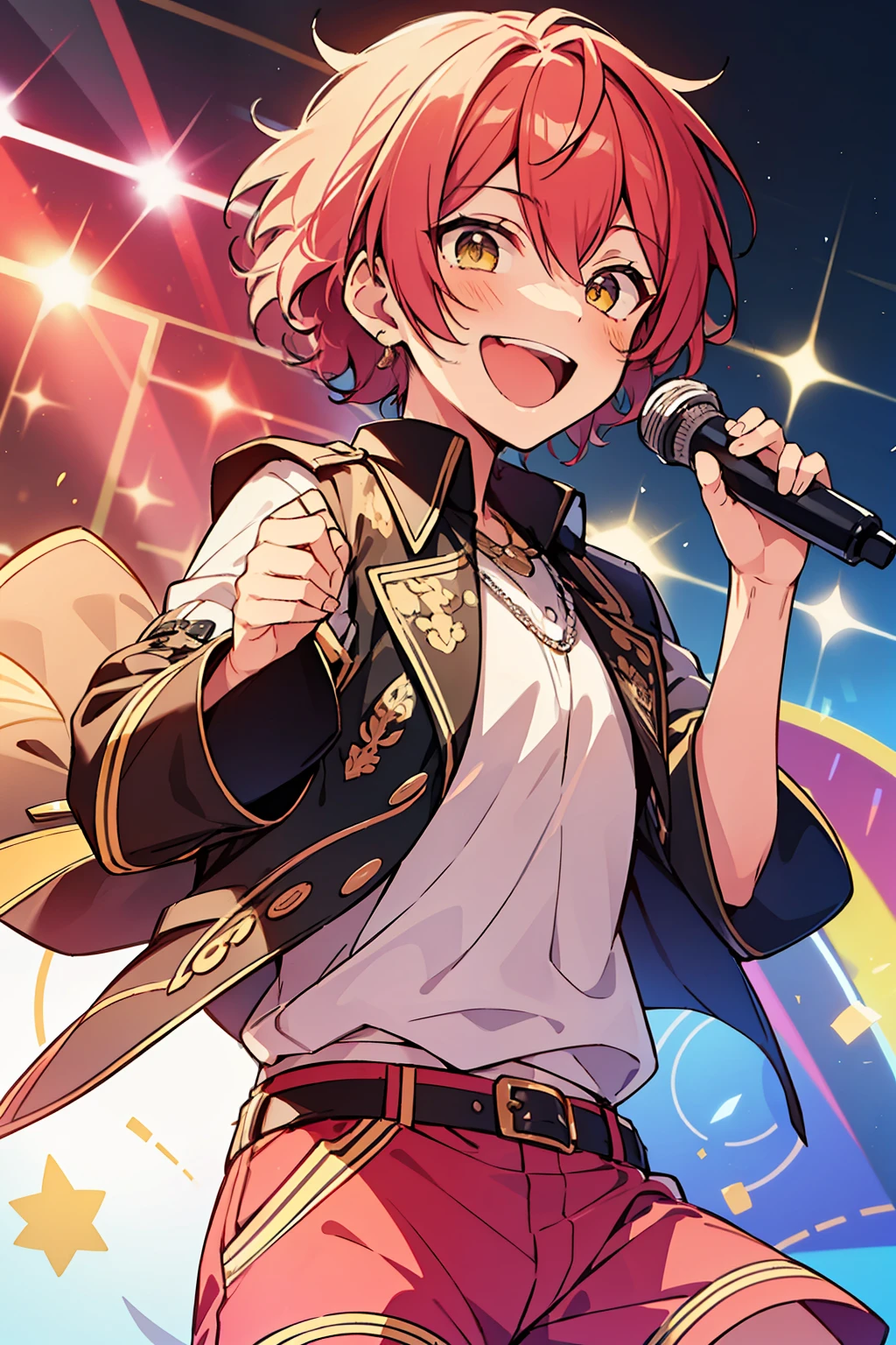 (high-quality, breathtaking),(expressive eyes, perfect face), 1boy, male, solo, short, young boy, curly peach pink hair, yellow eyes, laugh, idol outfit, shorts, on stage