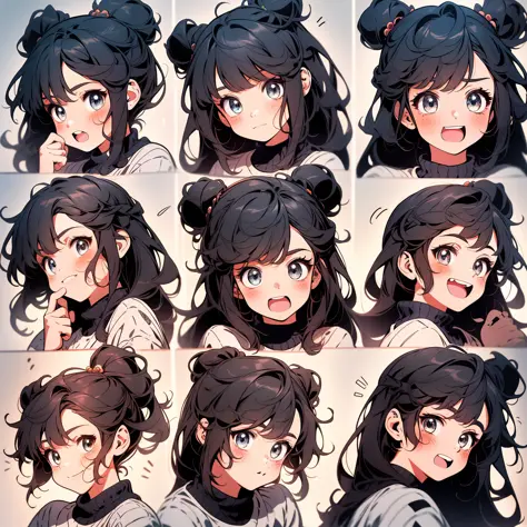 1 cute girl，9 grids，9 poses and expressions，Disney  style，Black strokes，Different emotions，8K