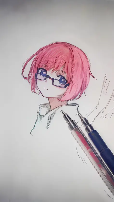 drawing of a woman with glasses and a pink hair with a pen, manga pen, anime sketch, anime style portrait, anime style drawing, ...