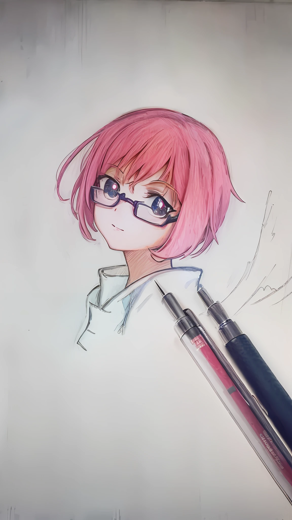 drawing of a woman with glasses and a pink hair with a pen, manga pen, anime sketch, anime style portrait, anime style drawing, semirealistic anime style, in an anime style, pencil style, !pencil, flat anime style shading, Realistic anime art style, an anime drawing, clean detailed anime style, 2 d anime style, anime realism style, pen draw