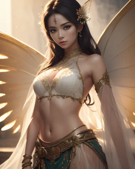 (best quality:1.33), (masterpiece:1.42), (realistic:1.24), (detailed:1.15), 1girl, matte yellow skin, white currant nymph, fairy wings, see-through gossamer, cowboy shot, illustration