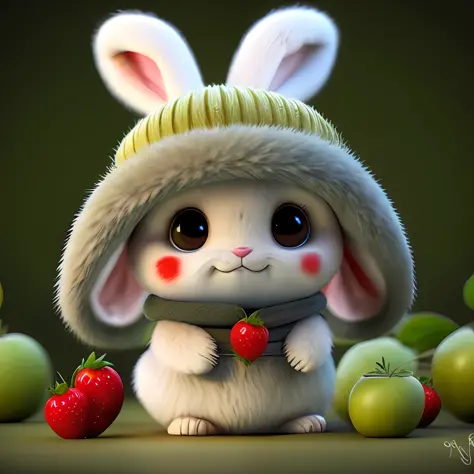 : 3. bunny, realistic, furry animal, apple, black eye, blush, cherry, food, fruit, full body, hat, non-human, strawberry, tomato...