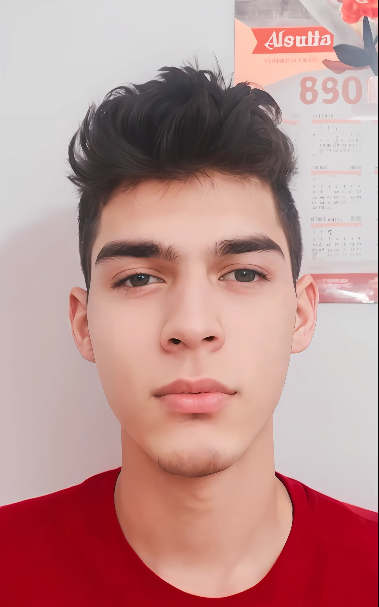 (8K, foto RAW, best qualityer, Masterpiece artwork: 1.2), (realisitic, fotorrealisitic:
a close up of a person with a red shirt and a calendar, imagem front-facing, Matthew 9 5, caio santos, around 1 9 years old, 18-years old, perfil front-facing!!!!, tommy 1 6 years old de idade, 1 6 years old, front-facing, youthful face, male teen, Foto realisitic, face perfect ), clean shaven face