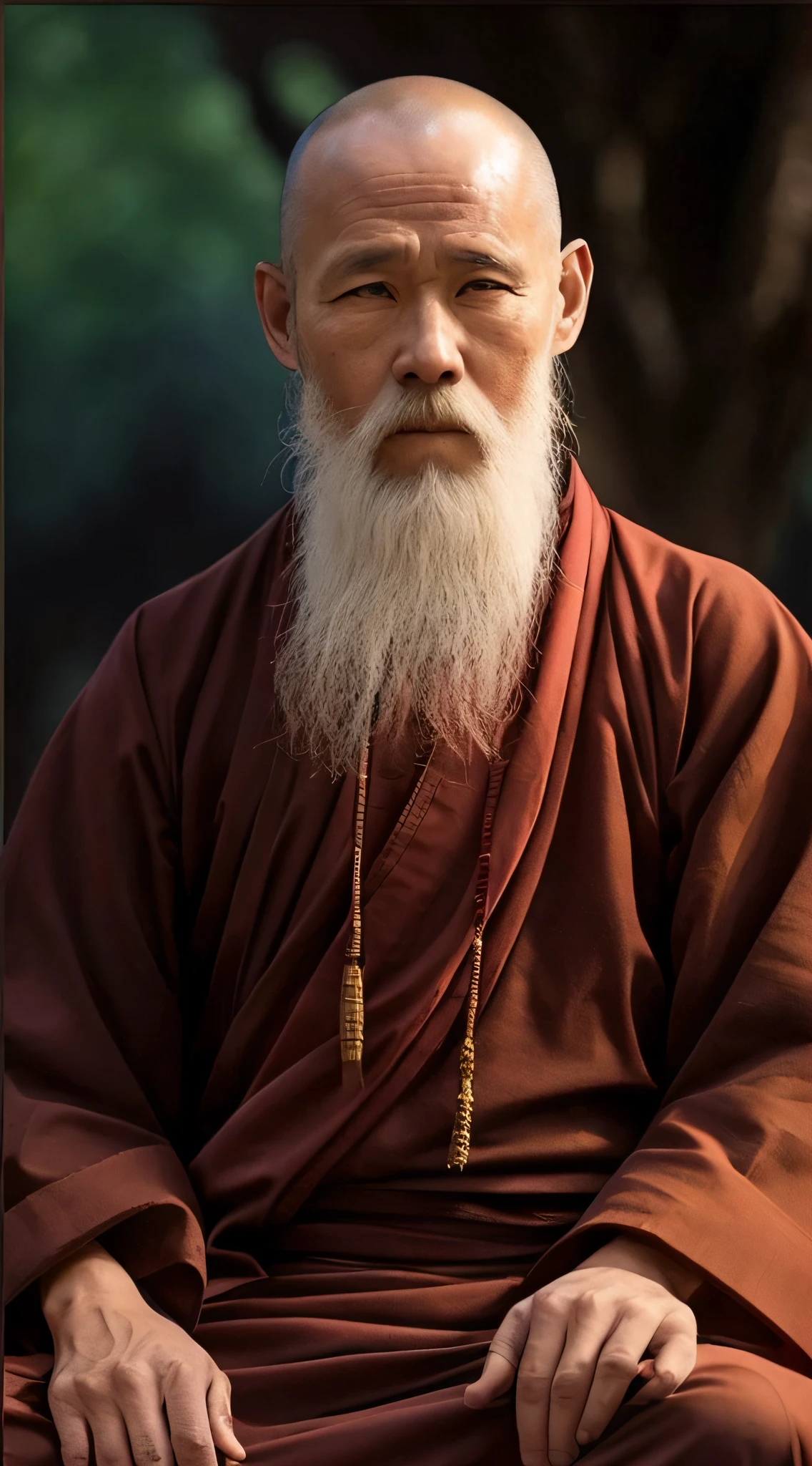 White beard、Arafard man sitting in a chair in a red robe, portrait of monk, ancient japanese monk, Taoist, monk meditate, buddhist monk, monk clothes, 2 1 st century monk, ukrainian monk, Taoist, holy man looking at ground, Taoism, peaceful expression, monk, full body picture of a male monk