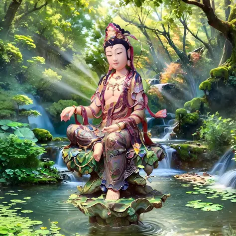 avalokitesvara sits on a lotus pedestal, avalokitesvara, avalokitesvara, chinese temples scattered in the forest not far away, w...