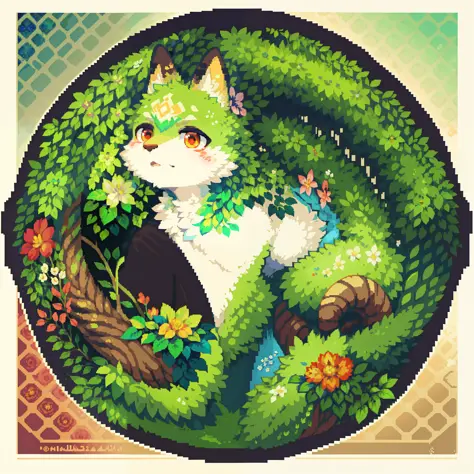top quality, best quality, logo mark, stamp, Geometric pattern, vector-art, High-quality illustrations by Alfons Mucha, masterpiece(kemono, furry anthro)flower, pixel art,